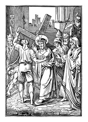 2nd or Second Station of the Cross or Way of the Cross or Via Crucis. Jesus carries His cross.Bible,New Testament. Antique vintage biblical religious engraving or drawing.