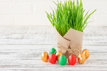 Plakat Happy Easter. Colorful Easter eggs in a basket. Easter background with copyspace