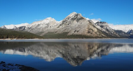 The natural reflection at Lake Minnewanka at Banff National park Alberta Canada   OLYMPUS DIGITAL CAMERA