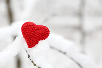 Fototapeta premium Valentine heart in winter forest, cold weather. Red knitted heart on snow covered branch, symbol of romantic love, background for holiday