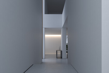 Stylish interior of hallway with firm and geometric lines and forms. Minimalism and constructivism Concept. Craft metallic console nearwWhite blank wall with copy space for ad. Template. Bright