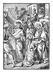 4th or fourth Station of the Cross or Way of the Cross or Via Crucis. Jesus meets his mother Mary.Bible,New Testament. Antique vintage biblical religious engraving or drawing.