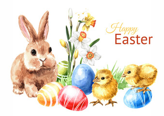 Colored Easter eggs in the green grass, spring flowers, cute rabbit and little chickens. Hand drawn watercolor illustration isolated on white background