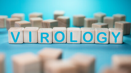 Word VIROLOGY on wooden blocks on blue background