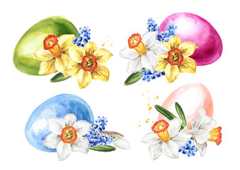 Easter colored eggs and spring flowers. Hand drawn watercolor illustration isolated on white background