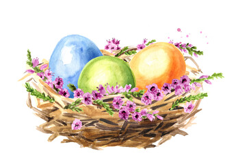 Fototapeta na wymiar Easter nest with eggs and flowers. Hand drawn watercolor illustration isolated on white background