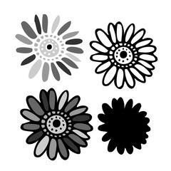 Isolated vector design set of silhouettes lined decorative abstract flowers on white background