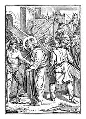 5th or fifth Station of the Cross or Way of the Cross or Via Crucis. Simon of Cyrene helps Jesus carry the cross.Bible,New Testament. Antique vintage biblical religious engraving or drawing.