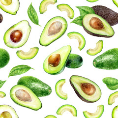 Watercolor seamless pattern avocado isolated on white.