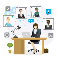 Teamwork, group video conference. Cartoon business woman sitting at workplace. Remote negotiations, video call.