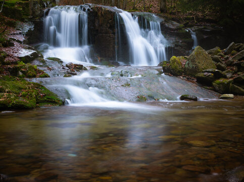 Wild brook with stones and waterfall in Jeseniky mountains, Eastern Europe, Moravia. Clean fresh cold watter, water stream. Long exposure image. . © Jansk
