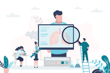 Male patient, pulmonologists check condition, treat lungs. Doctors with magnifying glass and syringe. Technology of analysis respiratory organ.