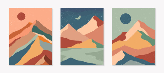 Set of creative abstract mountain landscape and mountain range backgrounds.Mid century modern vector illustrations with hand drawn mountains,sea or desert,sky,sun,moon.Trendy contemporary design.