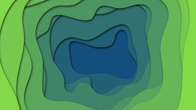 3D geometric background with realistic paper cut layers. Simple motion graphic animation green and blue background