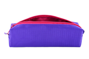 Purple pencil case side view on a white background. - obrazy, fototapety, plakaty