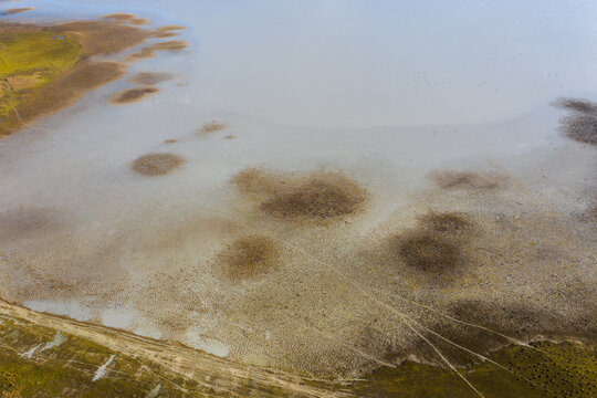 Aerial view of beautiful sodic lakes at Kiskunság National Park, Fülöpszállás Hungary. Hungarian name is Kelemen-szék. This area is the second largest saline steppe of the Hungarian Great Plain.