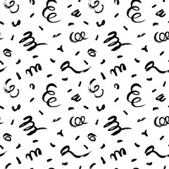 Curly waves hand drawn seamless pattern. Ink brush grunge vector texture. Black wavy lines on white background. Paint brushstrokes freehand drawing. Abstract wrapping paper, textile monochrome design.