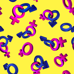 3D image, rendering Seamless pattern on a yellow background. The symbol of gender. Valentine's Day. Venus, Mars. Heterosexual. Backdrop