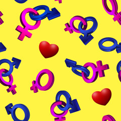 3D image, rendering Seamless pattern on a yellow background. The symbol of gender. Valentine's Day. Venus, Mars. Heterosexual. Backdrop