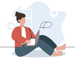 Vector girl chatting while sitting on the floor with a laptop