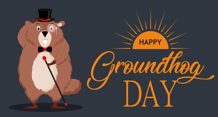Happy Groundhog Day. Banner with the image of a funny elegant groundhog in a suit. Vector illustration isolated on a dark background.