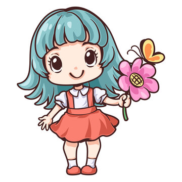 Illustration character cartoon girl holding pink flower with one hand There's a butterfly on that flower. This cute illustration design can be used as decoration for both print and digital media.