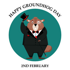 Happy Groundhog Day. Illustration of a sticker depicting an elegant groundhog in a tuxedo, top hat and tie. Vector illustration.