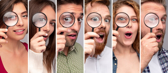 Amazed people looking through magnifying glass
