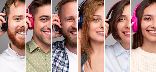 Happy young people listening to music with headphones