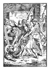 9th or ninth Station of the Cross or Way of the Cross or Via Crucis. Jesus falls for third time.Bible,New Testament. Antique vintage biblical religious engraving or drawing.