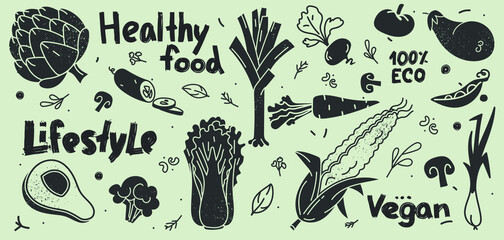 Fototapeta premium Awesome set with monochrome vegetables. Doodle hand drawing vector illustration. Cool stickers