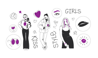 Set of fashion stylish girls. Modern women.  Colorful flat vector illustration