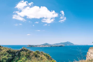 Foto op Plexiglas view in the gulf of Naples from Monte di Procida with the islands of Procida and Ischia in the background and vegetation in the foreground, under a blue sky with cloud © LightChaser