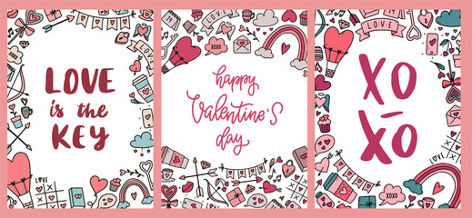 Set of Valentine's day greeting cards, posters, prints, templates. Decorated with hand drawn doodles and lettering quotes on white background.