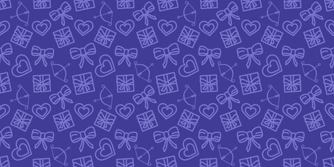 Valentines day pattern. Wrapping paper seamless ornament. Love holiday vector texture. Festive purple background with valentine's day icons. Hearts, gifts and bows in fabric repeatable design