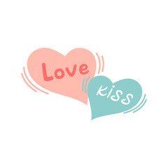Two  cute hearts together. Red Heart with word – Love,  and Blue Heart with word - Kiss. Can be used for St Valentines Day,  for Web and Print, Romantic design. Vector illustration isolated on white