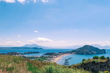 view of the sea in the gulf of Naples from Monte di Procida with the volcano Vesuvius in the...