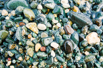 Colorful sea pebbles on the shore close up. Top view, flat lay. Abstract background texture, sea stones in water.