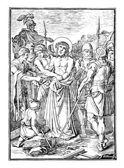 10th or tenth Station of the Cross or Way of the Cross or Via Crucis. Jesus is stripped of his clothes.Bible,New Testament.Antique vintage biblical religious engraving or drawing.