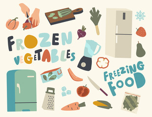 Set of Icons Frozen Vegetables Theme. Refrigerator, Freezer, Human Hands Cut Veggies or Fruits and Knife with Grater