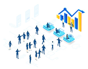 Isometric 3D business environment with business people having seminar, meeting next to growth charts and bars. Success, internet, data protection, security, investments infographic illustration. 