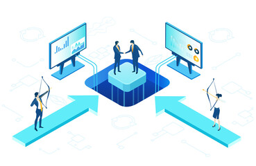 Isometric 3D business environment with business people handshaking, communicating in server room. Success, internet, agreement, data protection, personal security infographic illustration. 