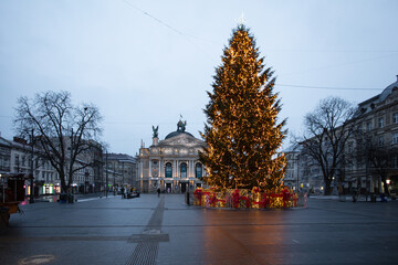 New Year tree near Lviv Opera house during COVID-19 Quarantine.