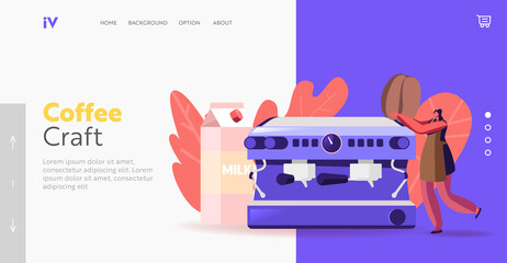 Study at Barista School Landing Page Template. Tiny Female Character in Apron at Huge Coffee Machine Work or Studying