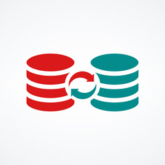 Server databases icon with sync data circle arrows, data sync symbol. Stock vector illustration isolated on white background.