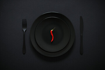 Red chilly peper served on black plate and with black kitchenwear. Conceptual dark background photo