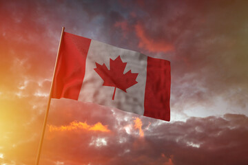 Flag of Canada flying in the wind with flag pole, 3D rendering