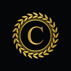 Golden Letter C laurel wreath template logo Luxury gold letter with crown. Monogram alphabet . Beautiful royal initials letter.	