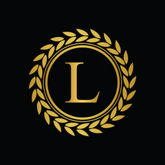 Golden Letter L laurel wreath template logo Luxury gold letter with crown. Monogram alphabet . Beautiful royal initials letter.	