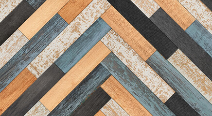 Weathered wooden boards texture. Colorful wooden wall with herringbone pattern made of barn boards. 